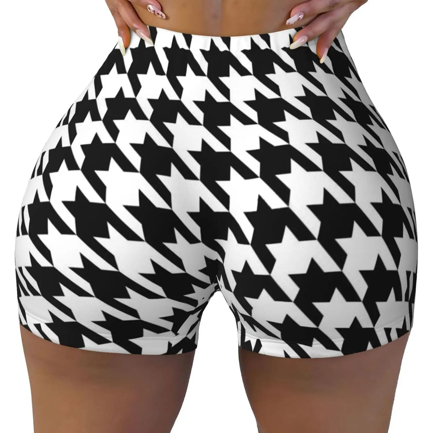 Pantaloncini da allenamento da donna con stampa nera pied de poule Pantaloncini da palestra atletici elastici Yoga estivo a vita alta senza cuciture