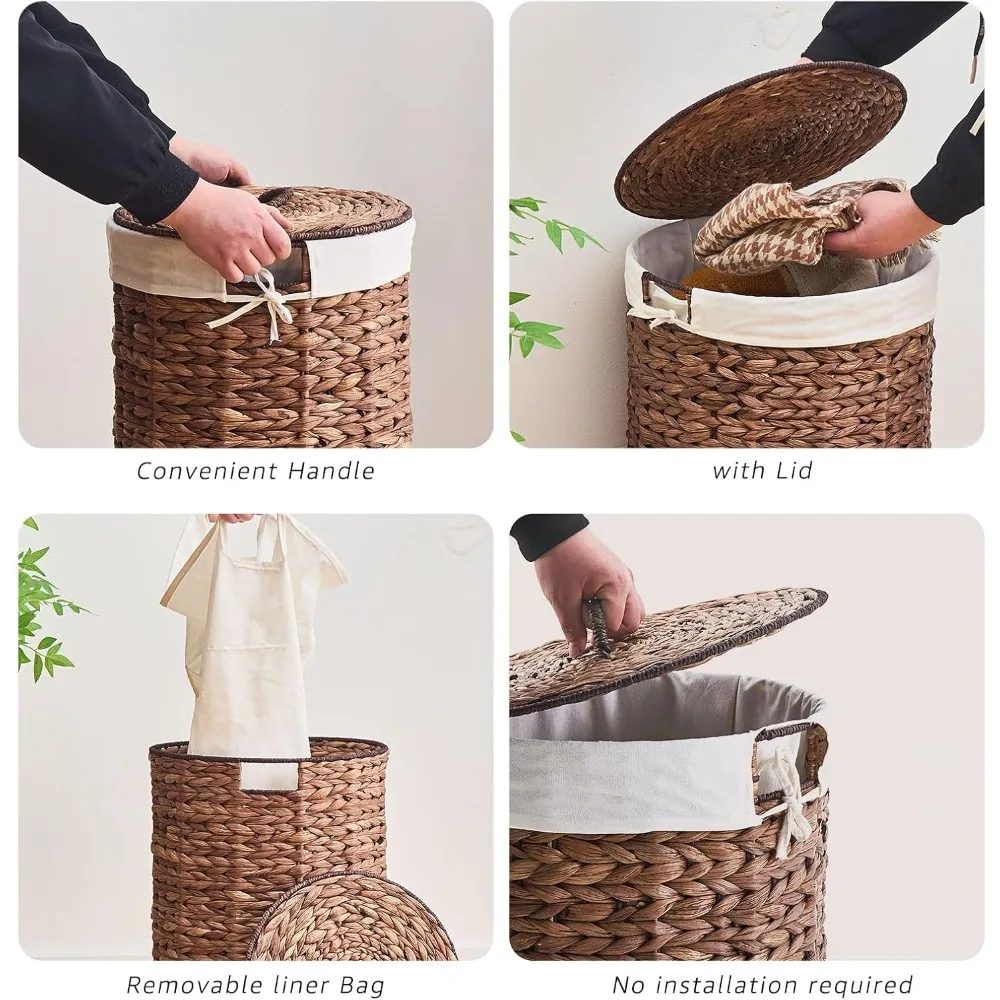 سلة غسيل من الخيزران المنسوج يدويًا مع غطاء لتخزين وتنظيم الملابس