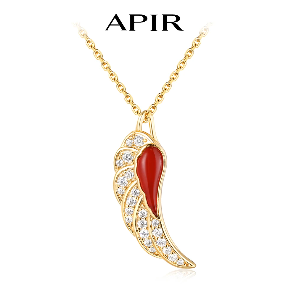

APIR Red Agate Angel's Wing Pendent Necklace for Women Bohemia Moissanite Diamond Clavicle Chain Gold Plated Fine Jewelry Gift
