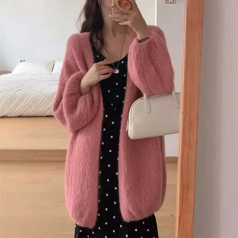 [EWQ] Puff Long Sleeve Soft Female Apricot Knitted Cardigan Solid All-match Loose Women Winter Sweater Coat 2024 Autumn 16O2237