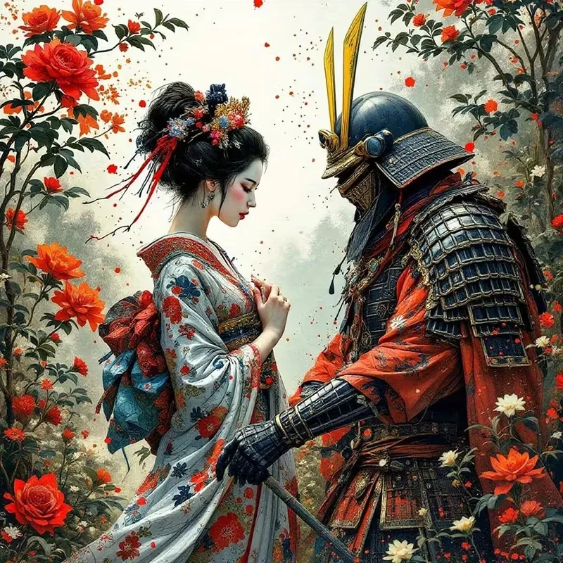5D-Diamant-Malerei-Set zum Selbermachen, japanisches Samurai- und traditionelles Frauen-Thema