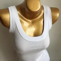 Summer Wide Shoulder Straps Slim Fit White Tank Top Sexy Low Cut Neckline Elastic U-neck Sleeveless T-shirt Female Basic Classic