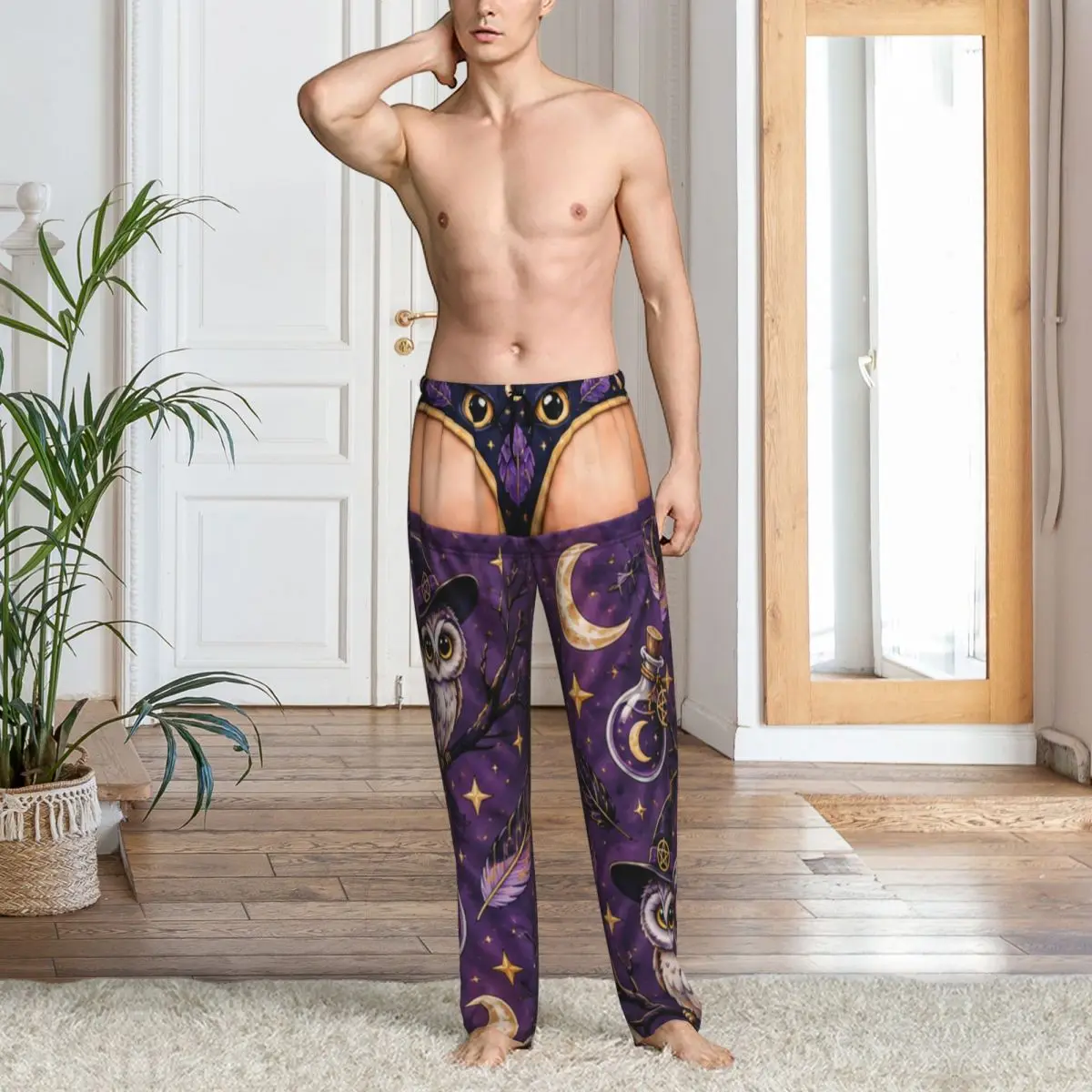Mens Funny Sexy Halloween Spider Web Spooky Gothic Raven Witchy Wide Leg Palazzo Lounge Pajama Pants Loose Comfy Sleep Bottoms