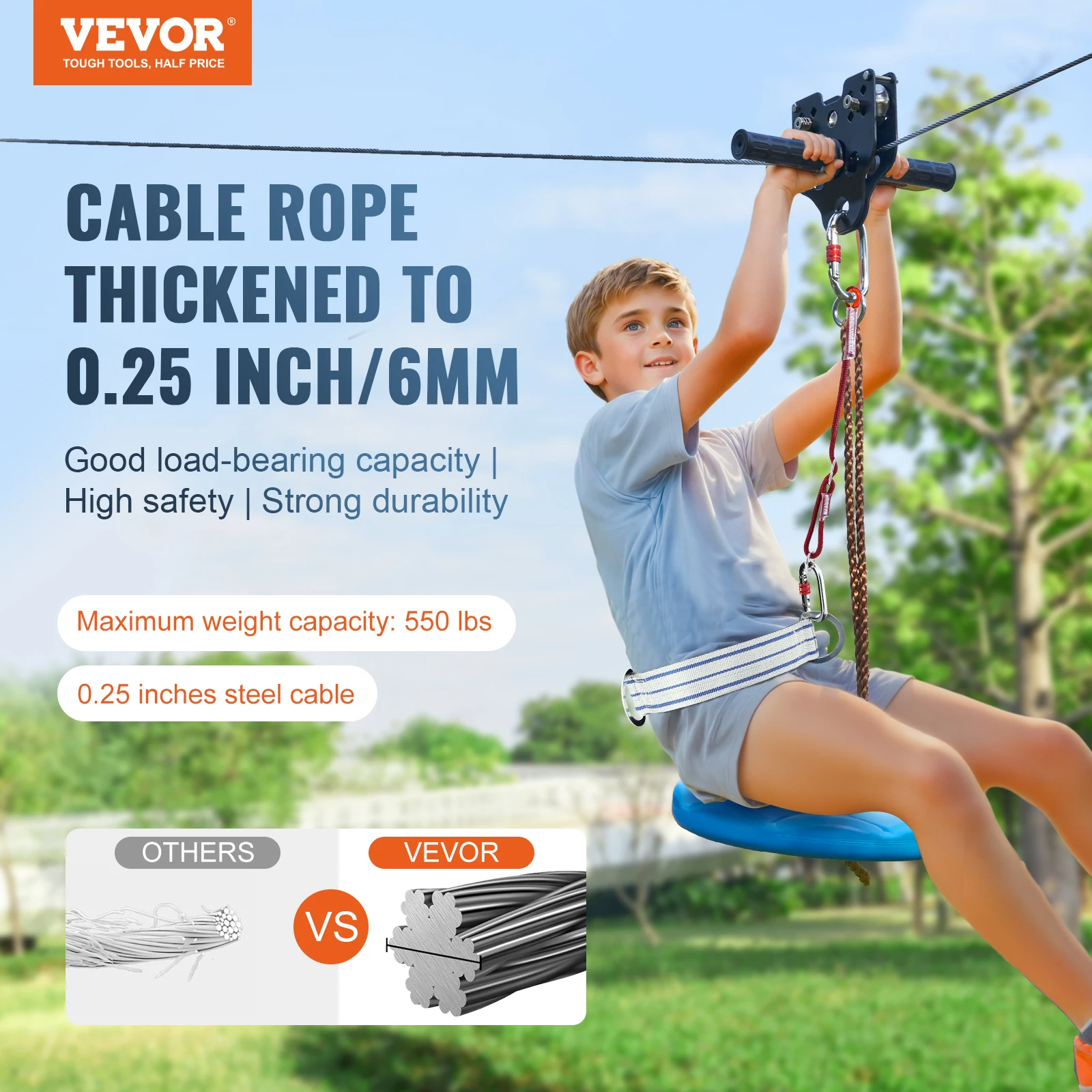 VEVOR Zipline Kit for Kids and Adult 160ft Zip Line Kits Up to 500 lbs with Stainless Steel Zipline Spring Brake Safety Harness