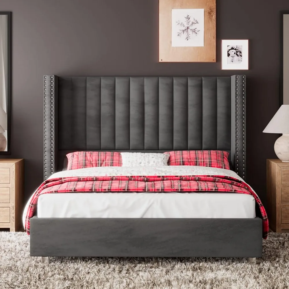 Queen Size Bed Frame Upholstered Platform Bed with Tall Headboard Wingback, Velvet Vertical Channel Tufted, No Box Spring