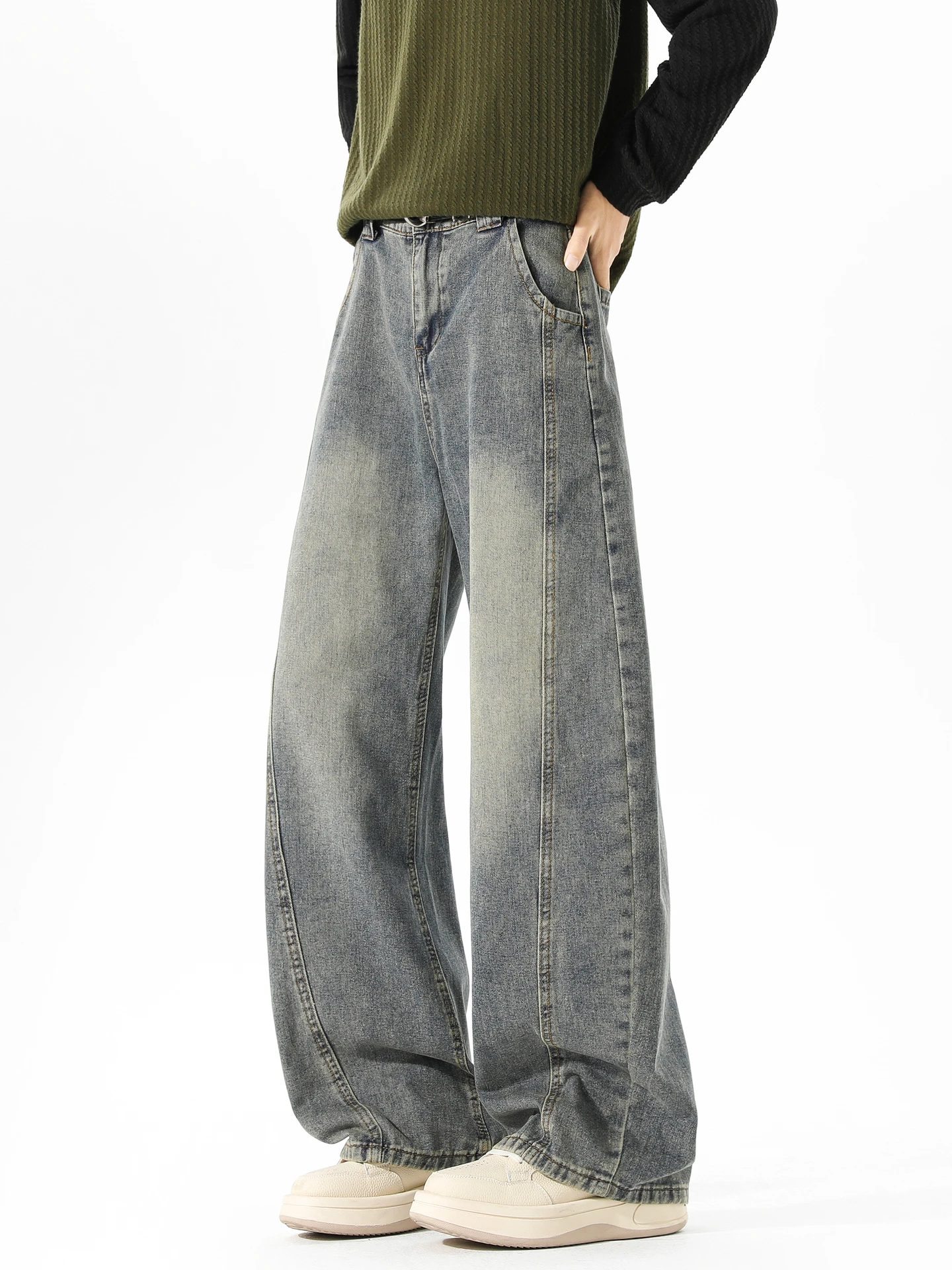 

Мужские джинсы свободного кроя в стиле ретро, брюки-карго, молодежные повседневные брюки с дизайном в стиле сплайсинг, широкие брюки, износостойкий хлопок