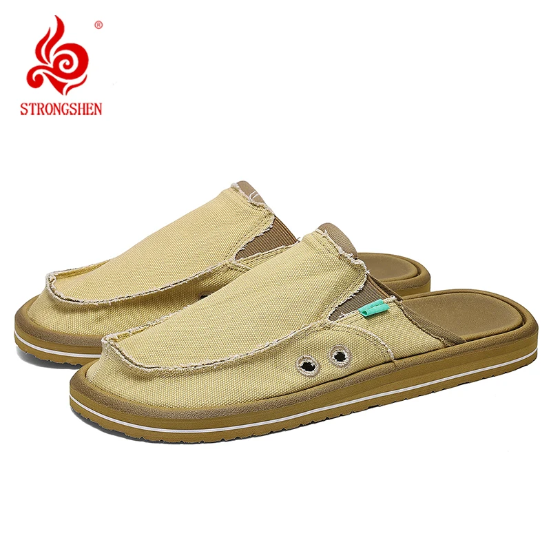 

STRONGSHEN Men's Canvas Slippers Casual Slip on Outdoor Walking Comfort Slippers Trend Baotou Half Drag Slides Zapatillas Hombre