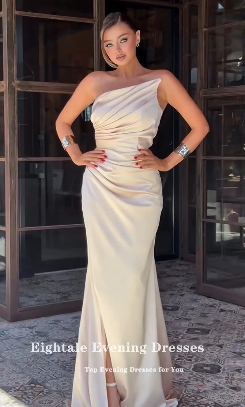 Eightale Champagne Evening Dresses One Shoulder Side Split Customized Mermaid Prom Wedding Party Gown Satin Robes De Soirée
