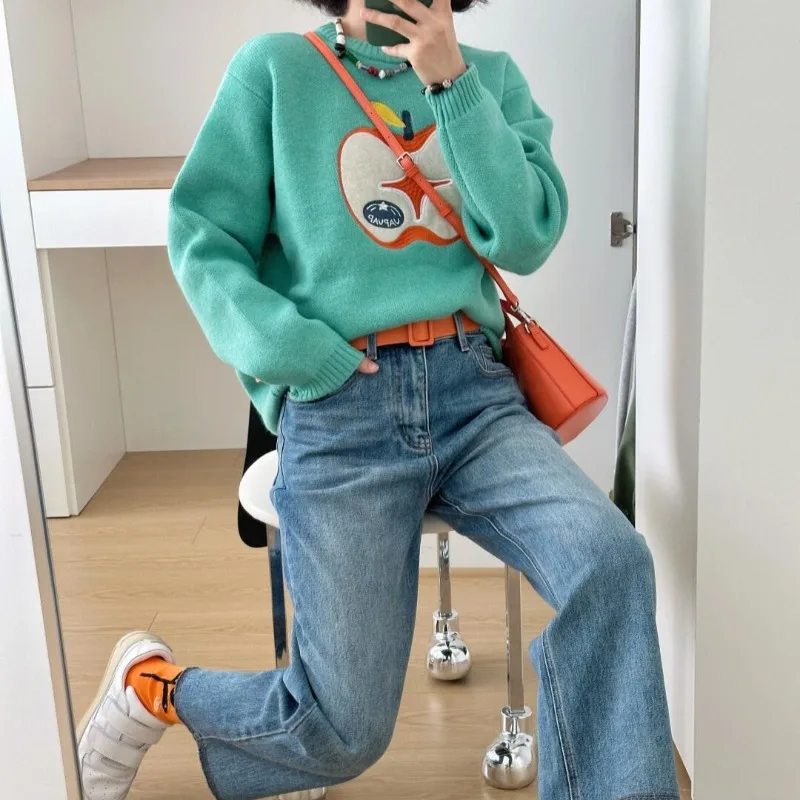 Pullovers Women Apple Embroidery Knitted Korean Style Ins Loose O-neck College Young Girls Streetwear Personality Autumn Winter