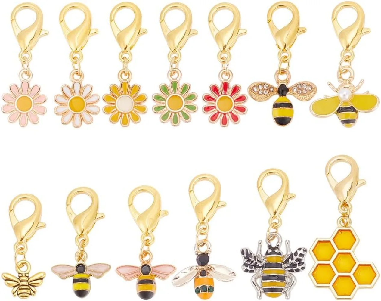 14 Pcs Bee Locking Crochet Knitting Stitch Markers, Colorful Alloy Enamel Honeycomb Stitch Markers Metal Clip-On Daisy Charms