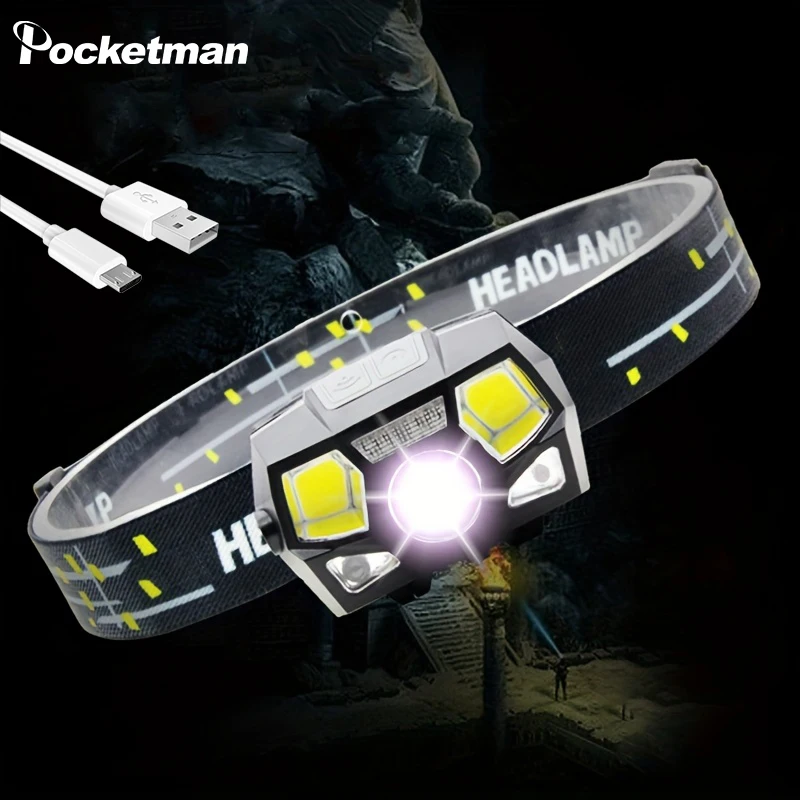 Portable Sensor Headlamp Wave Switch+60° Adjustment Dual Light Source Waterproof Design High Brightness Strong Focus Headlight