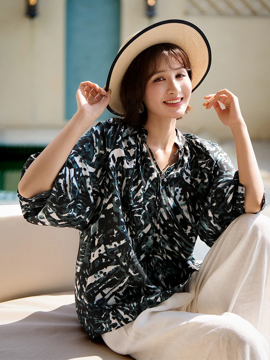 

Современная женская рубашка из шелка с цифровым принтом в винтажном стиле, с длинным рукавом, V-образным вырезом, дышащая, комфортная, повседневная, модная, весенняя.