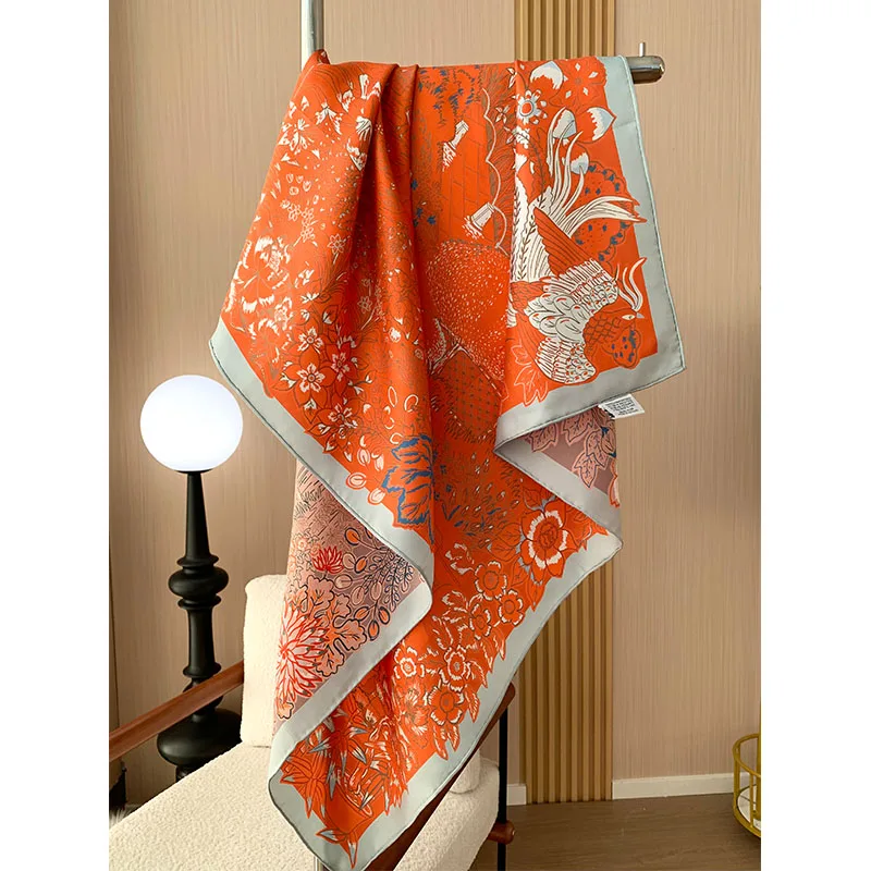 

Two-color style 100% mulberry silk scarf for ladies square-shaped 90 in length floral pattern sun protection headscarf and shawl