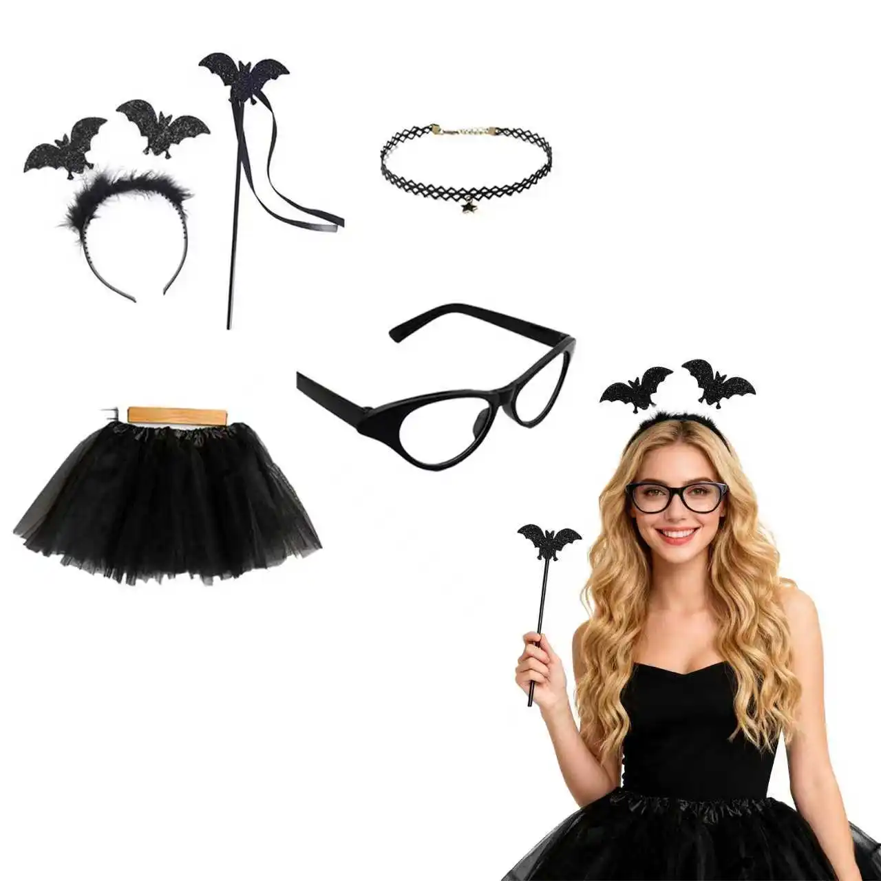 

PESENAR Halloween Bat Costume Set Bat Wings Skirt Set and Magic Wand Tutu Skirt For Halloween Dress up Cosplay