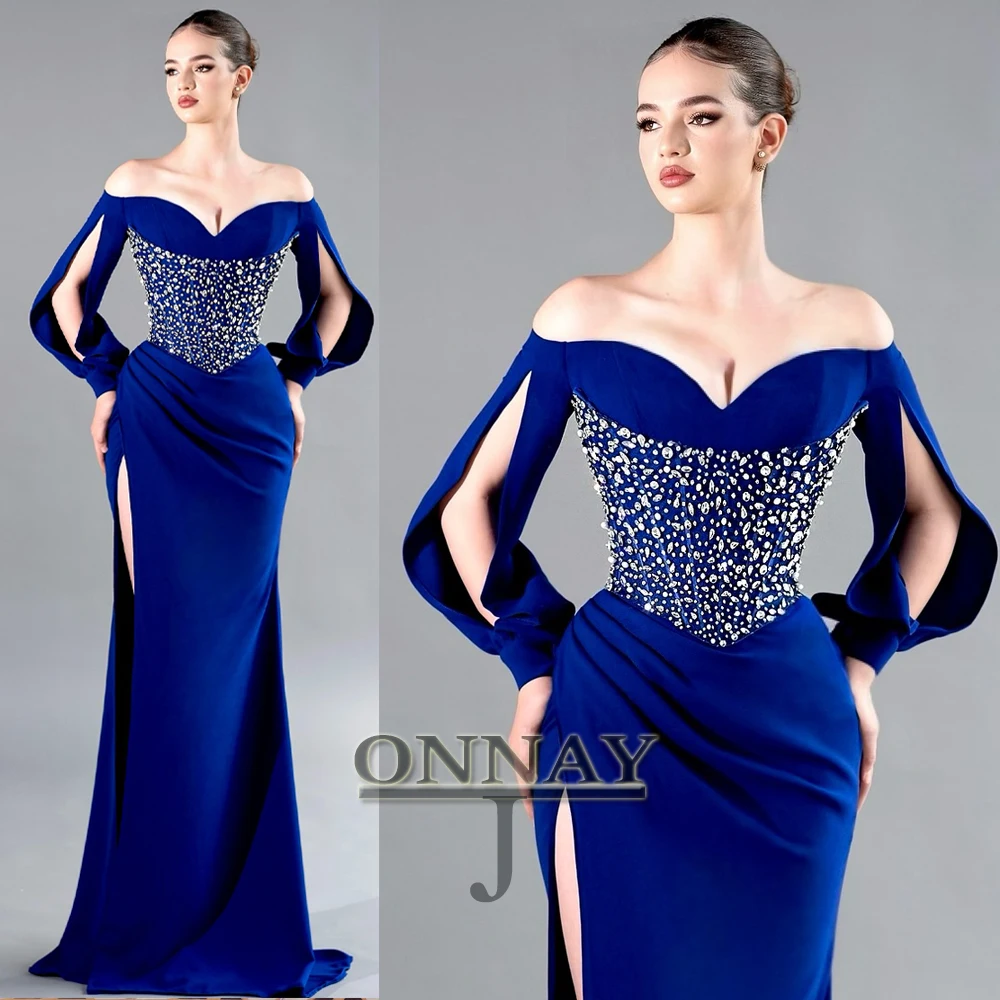 

Customized Elegant Royal Blue Evening Dresses with Slit Mermaid Pearls Dubai Saudi Vestidos De Fiesta Bespoke Party Maxi Gown