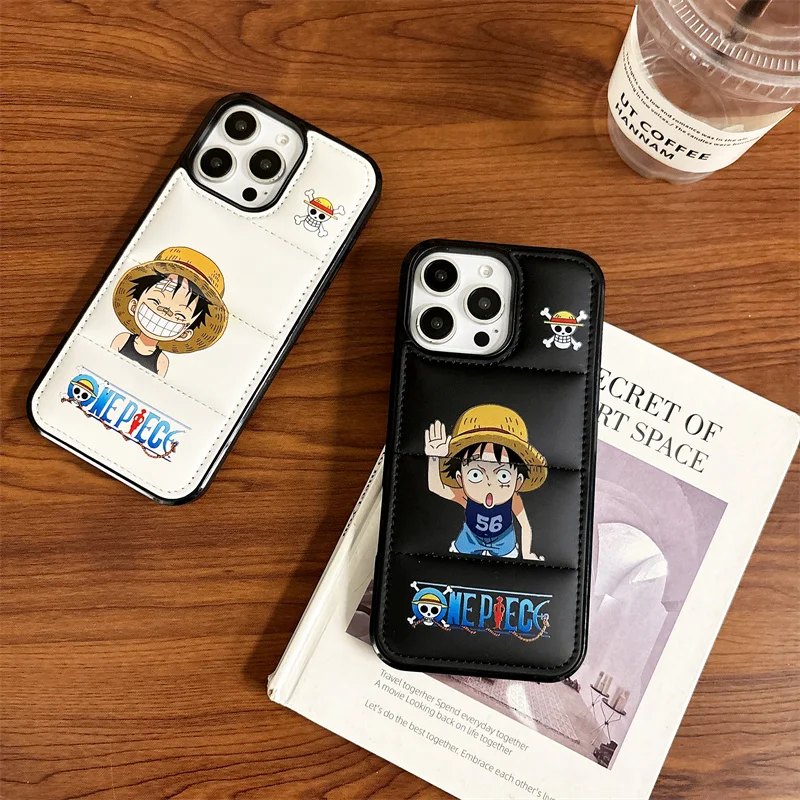 Cute Anime One Piece Luffy Down Jacket The Puffer Phone Case 16 15 14 13 12 11 Pro Max Soft Fabric Silicone Shockproof Cover