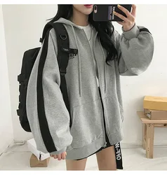 2024 Autumn Warm Gray Zip Up Cardigan Oversized Women Velvet Hoodies Sweatshirts Harajuku Korean Long Sleeve Pocket Jackets Coat