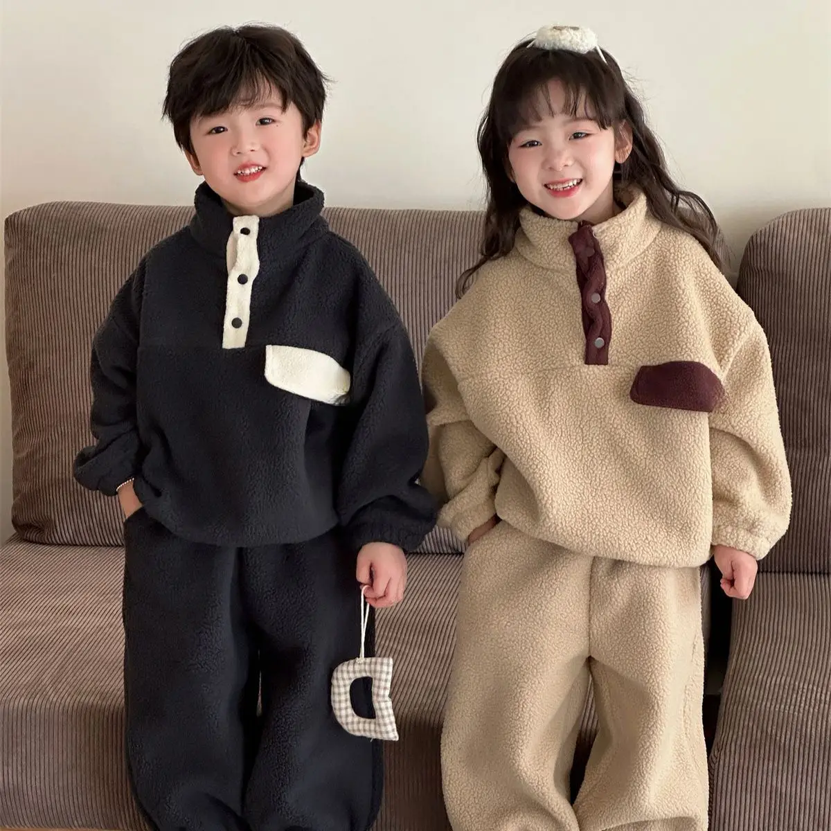 Children Double Sided Fleece Home Wear Set Autumn Winter Casual Loungewear Two Piece Outfit Soft Warm Kids Pajama Suit