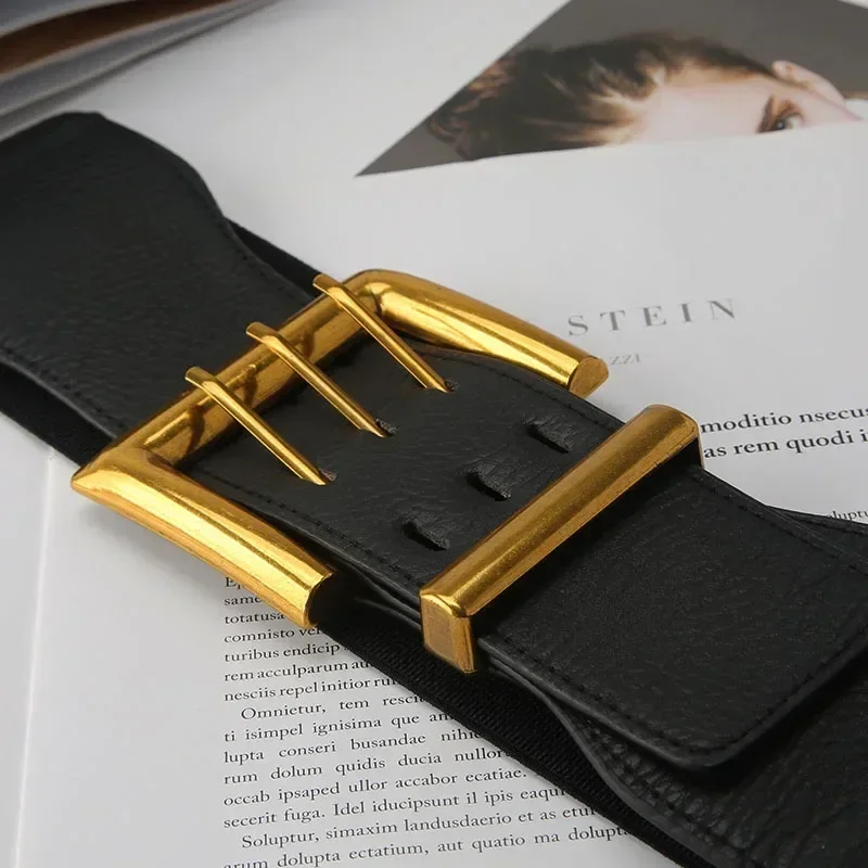 High Quality Retro Elastic Wide Belt Gold Buckle Ladies Fashion Suit Coat Girdle Waist Belts for Women Luxury Designer Brand