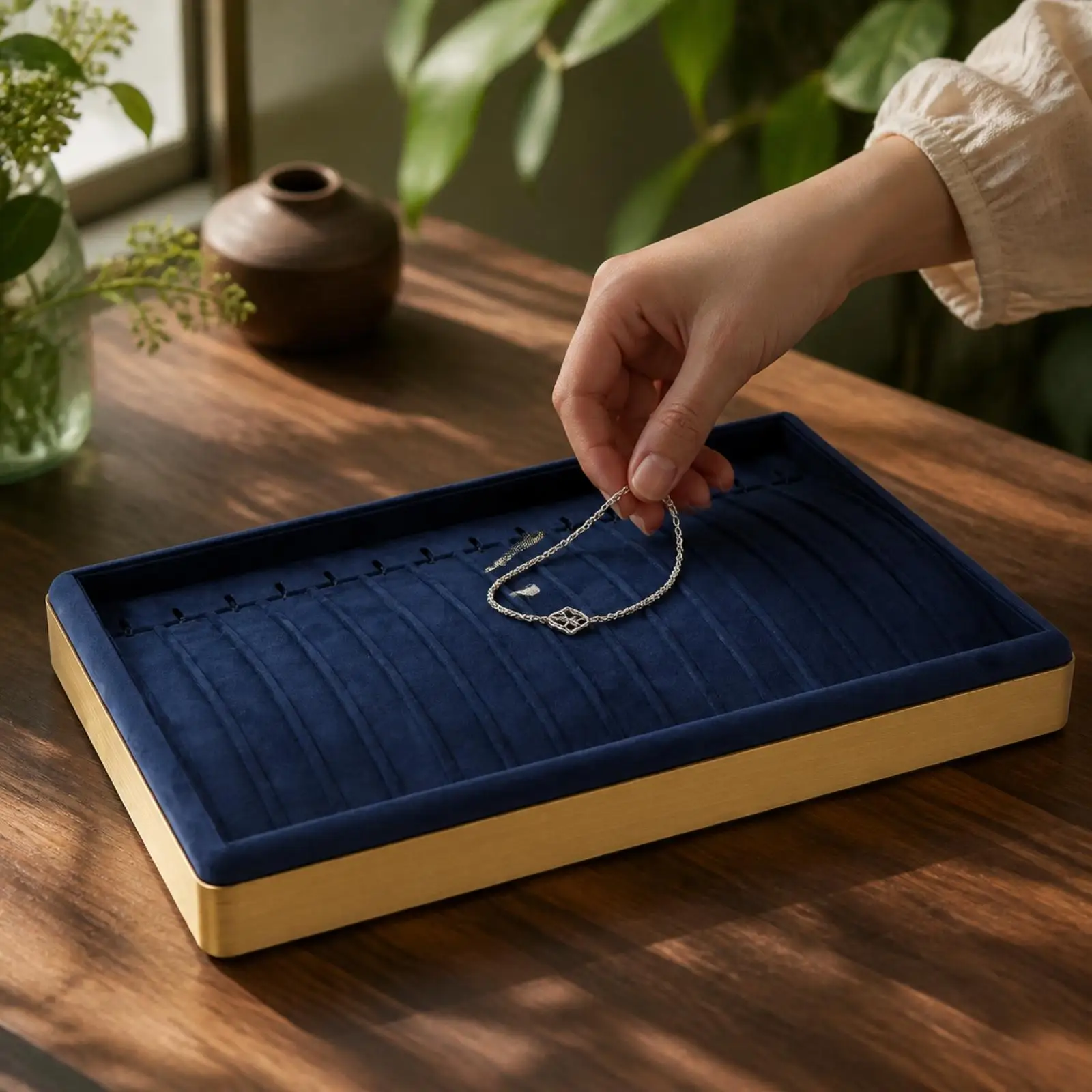 Microfiber Leather Jewelry Storage Tray with Gold Tone Metal Frame for Small Accessories Display and Organization on Vanity
