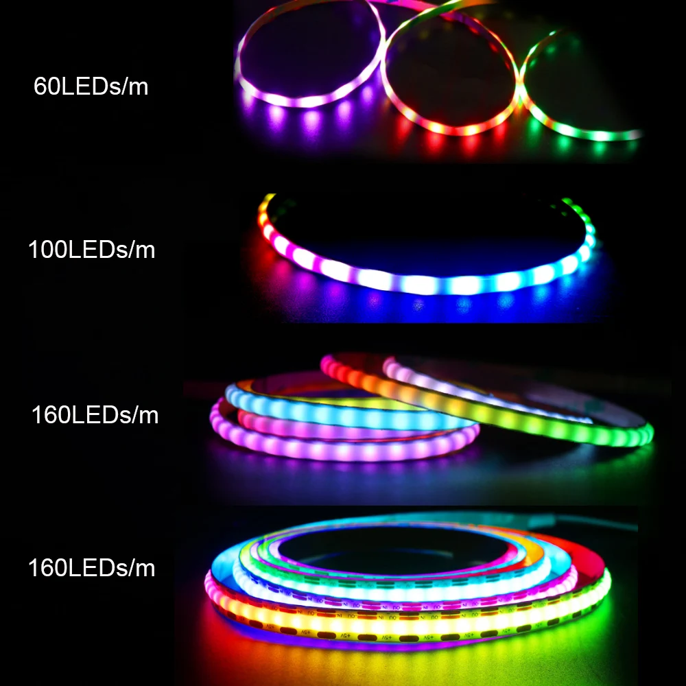 Tira LED COB endereçável individualmente, Pixel RGB para Carft, Decoração PC DIY, Gamer, 160LED/m, 5mm, Cor dos Sonhos, Fita LED ARGB, RGB-IC