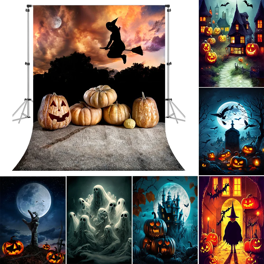 

Bonvvie Photography Background Halloween Photophone Night Moon Bat Castle Tree Cat Witch Photo Backdrops Party Decoration Props