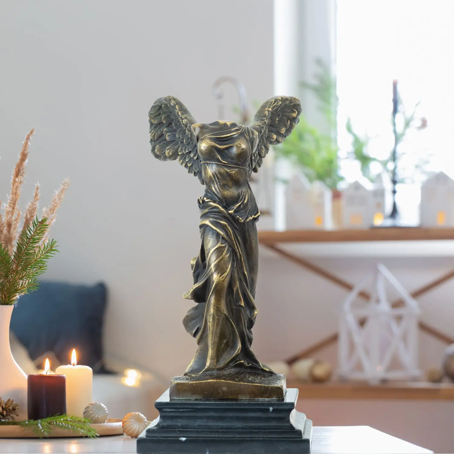 28cm Winged Victory Bronze Statue, Samothrace Greek Goddess Sculpture, Lost Wax Cast Famous Bronze Craft for Home Decor Gift