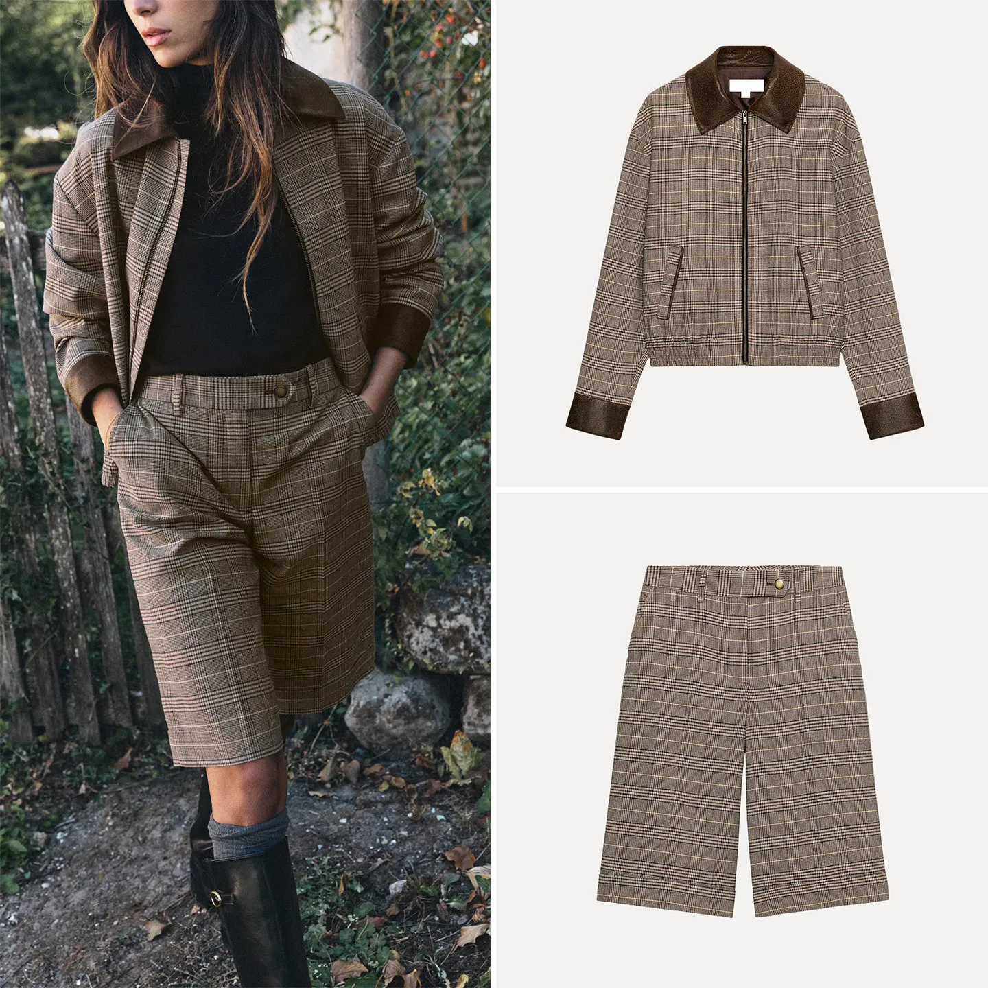 ZADATA Women's Autumn 2026 Plaid Long Sleeve Pilot Jacket And Shorts Set Fashionable Patchwork Design Elegant Lady's Outfit