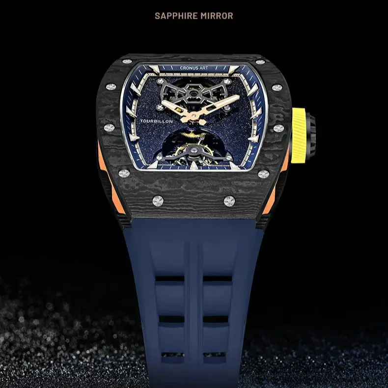 CRONUSART – montre Tourbillon pour hommes, 50mm, Tonneau, mécanique, boîtier et cadran en Fiber de carbone, miroir saphir lumineux