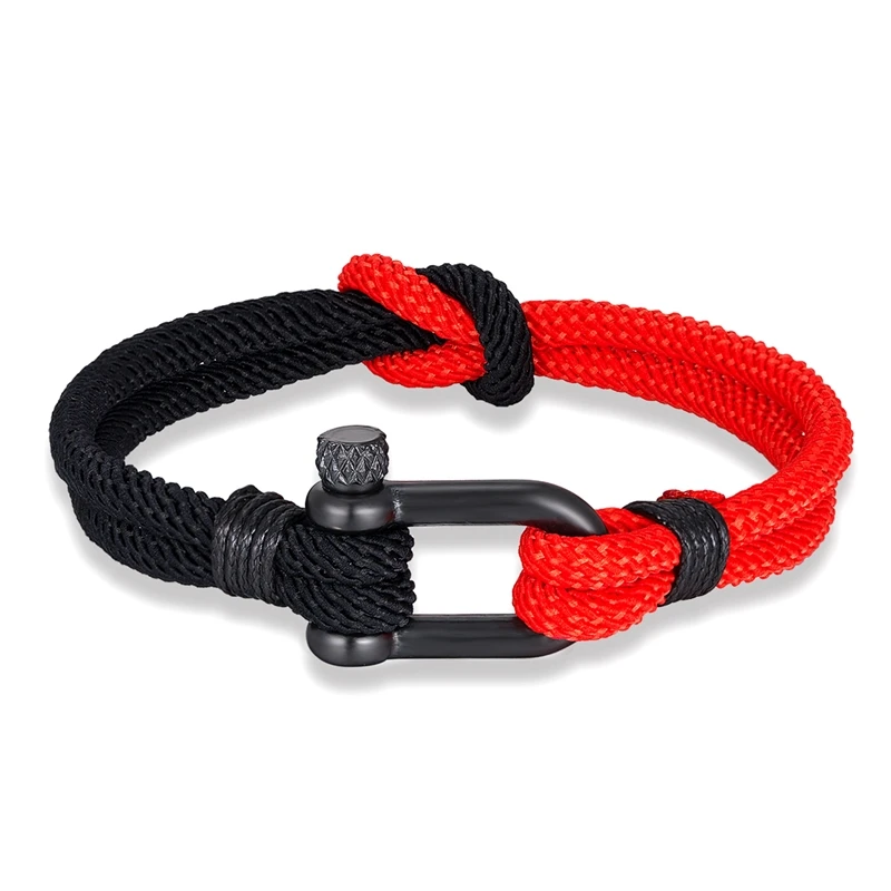 MKENDN Two-Toned Knot Nautical Rope Bracelet Men Women Outdoor Surfer Bracelet Black Stainless Steel U-shape Shackle Buckle