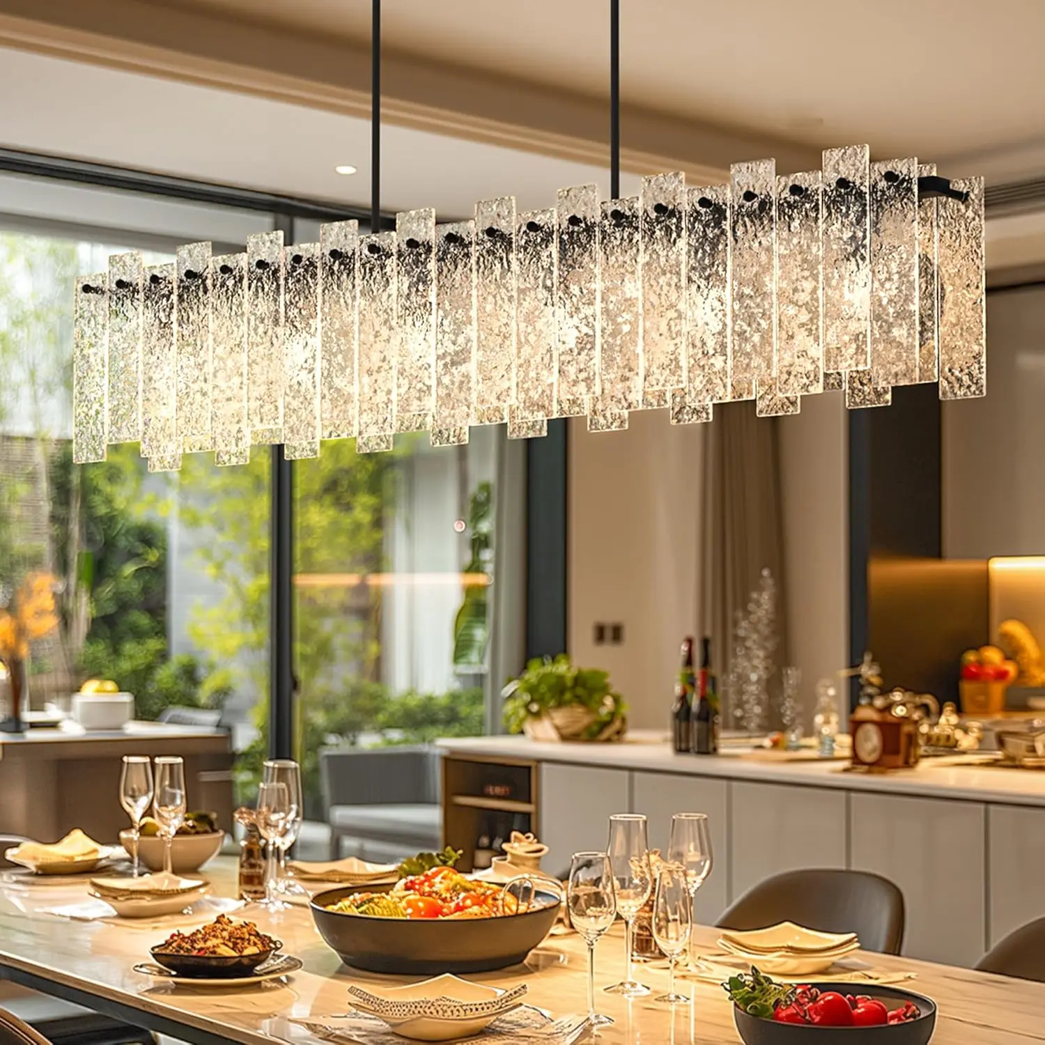 ثريا كريستالية طويلة من الزجاج لغرفة الطعام وطاولة المطبخ وأضواء السقف الخطي المستطيلة مع زجاج تموج الماء #1