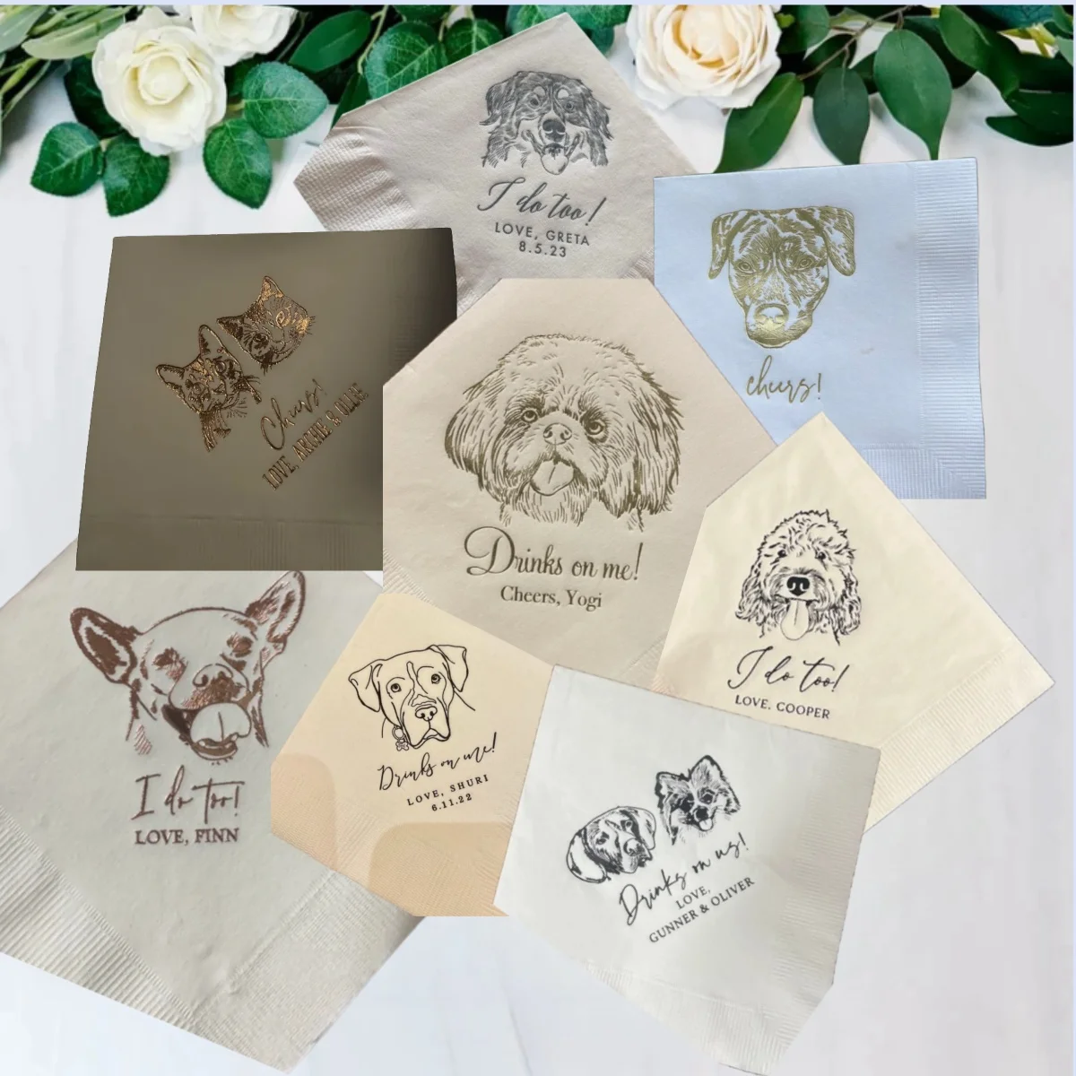 50Pcs Personalized Illustrated Dog Wedding Cocktail Napkins, Engagement Rehearsal Dinner Pet Napkins, Birthday Beverage Napkins