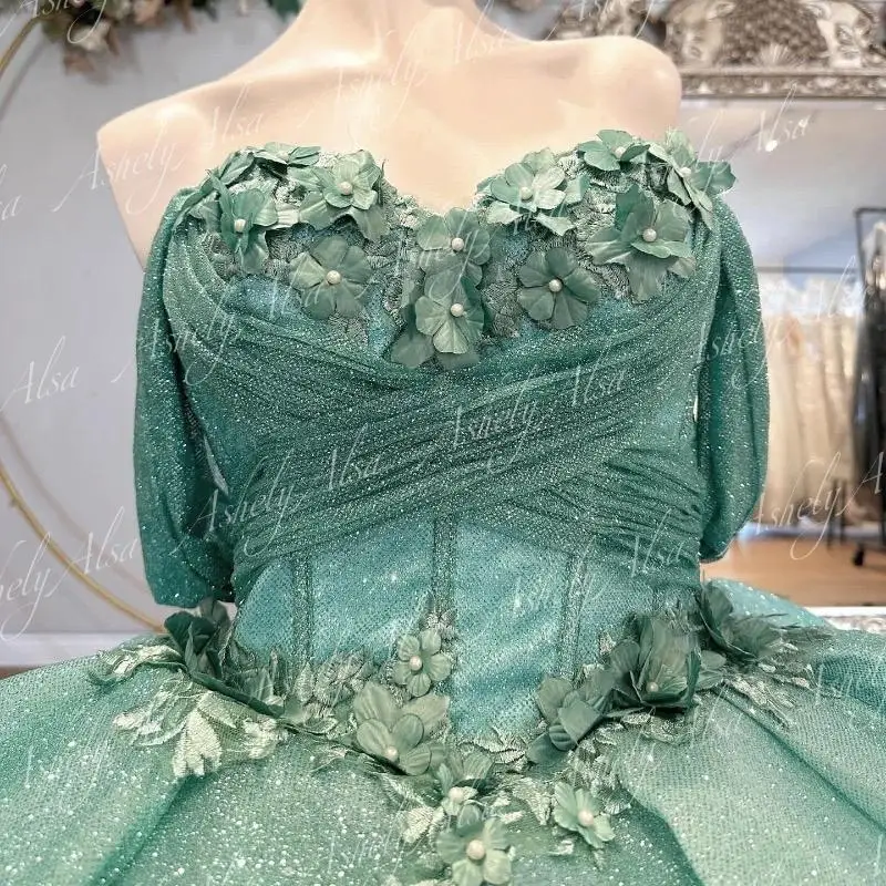 Luxury Mint Green Sweet 15 Girl Birthday Party Dresses Off Shoulder Flower Ball Gown Vestido De xv Quinceanera Prom Dancing Wear