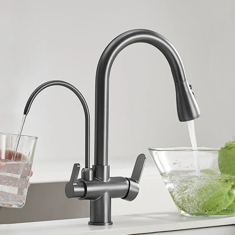 رمادي اللمس تصفية صنبور المطبخ مع سحب أسفل البخاخ سحب صنابير المطبخ الساخن الباردة صنبور المياه اللمس صنبور المطبخ