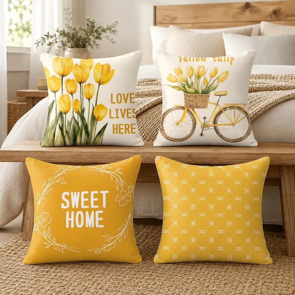 Golden Yellow Tulip Art Cushion Cover Soft Short Plush Pillow Cover Smooth Cozy Texture Cushion Case Home Decor