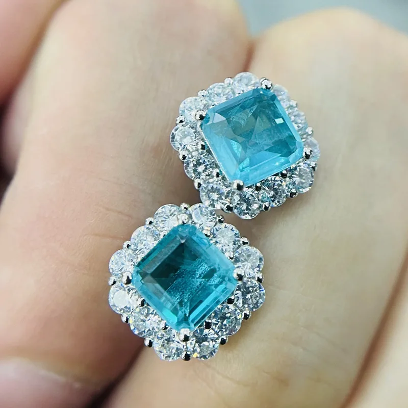 925 Sterling Silver 12*12mm Square Earrings for Women Elegant Paraiba Tourmaline Engagement Wedding Statement Earring Jewelry