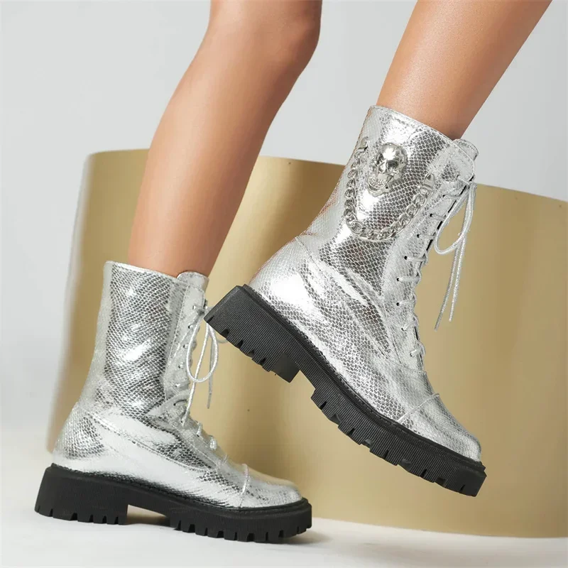 Silver Skull Chain Platform Ankle Boots Women Medium Thick Heels Gold Bling Party Cosplay Punk Lady Vintage Lace-up Short Boots