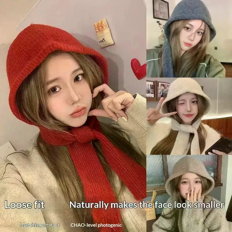 

Балаклава-шапка женская 2-в-1: шарф и шапка-бини, утолщенная, теплая, для защиты шеи, осенне-зимние аксессуары, вязаная