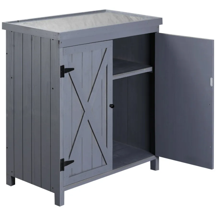 

Patio Storage Cabinet with Galvanized Top and Shelves Rust Proof Doubledoor with Handle Elevated Feet for Yard Tool Grey
