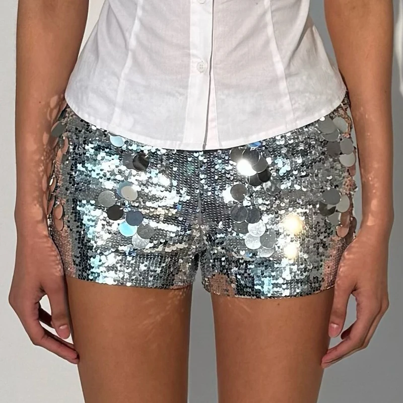 

Fairy Coquette Sparkle Sequin Shorts 00s Retro Glitter Low Waist Mini Shorts Women Sexy Night Out Club Party Festival Costume