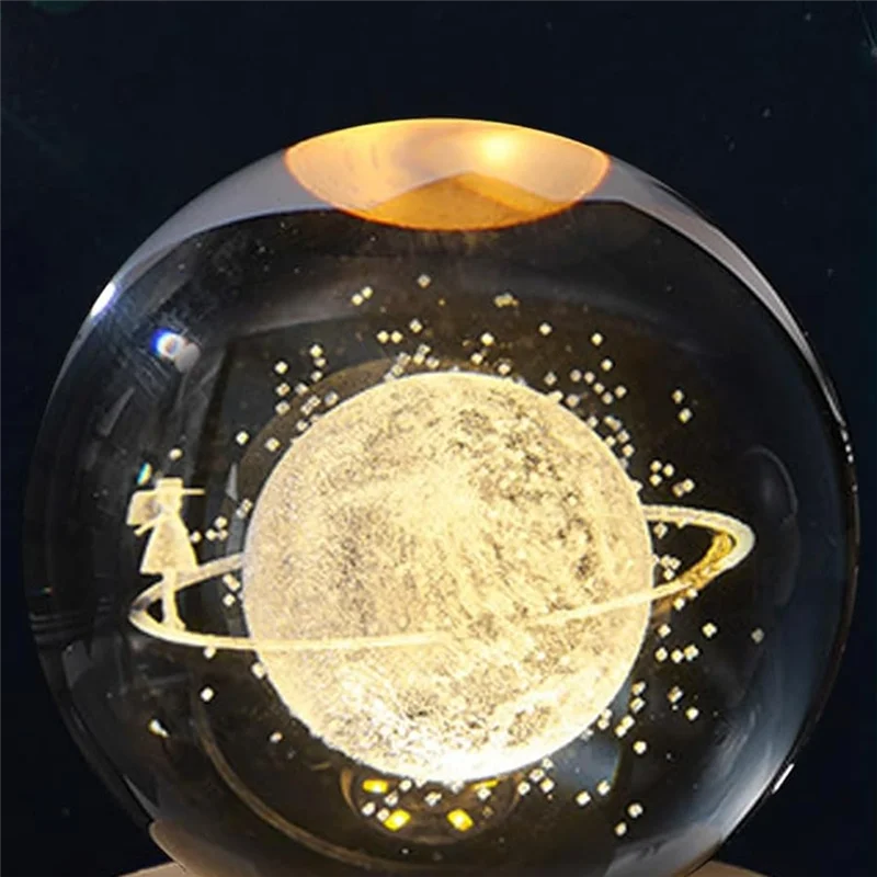

T98C-Galaxy Ball LED Night Light 3D Engraved Starry Glass Sphere Lamp With Wooden Base Home Decor Gift For Women And Girls