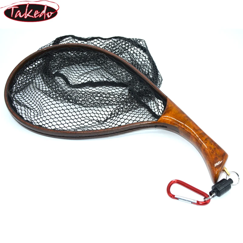 TAKEDO TKL003 miękka gumowa siatka na pstrągi siatka wodoodporna Cinnamomum Camphora drewniany uchwyt wędkarstwo muchowe podbierak do wędkowania