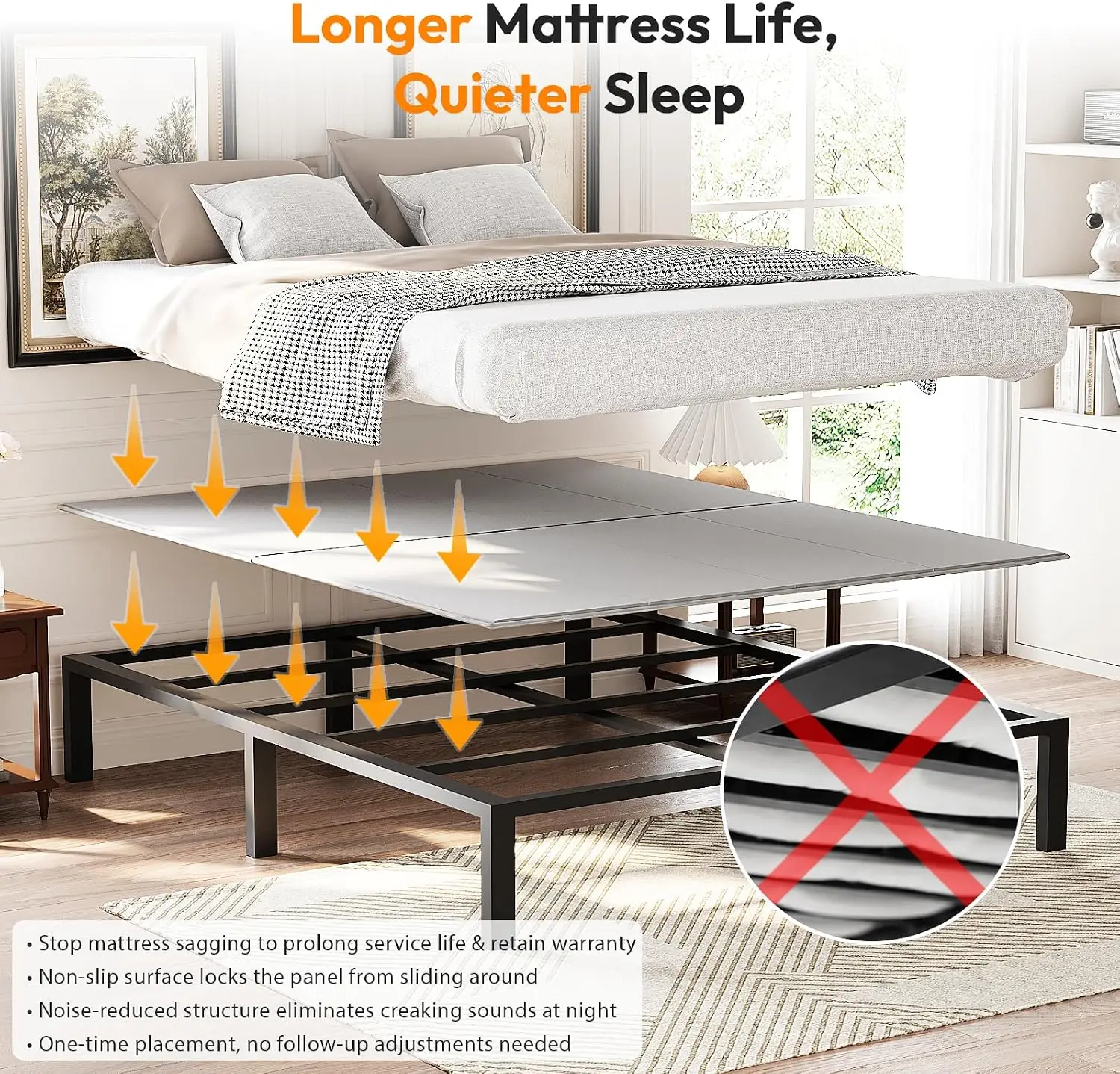 Bunkie Board for Twin Bed with Metal Frame Support, Gray, 75 x 38 Inches
