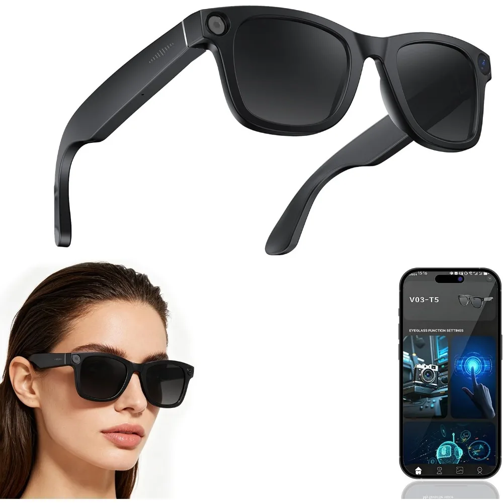 HD Video Glasses with Bluetooth Audio, Realtime Translation, Object Recognition - Wearable Tech for Travel & Outdoor