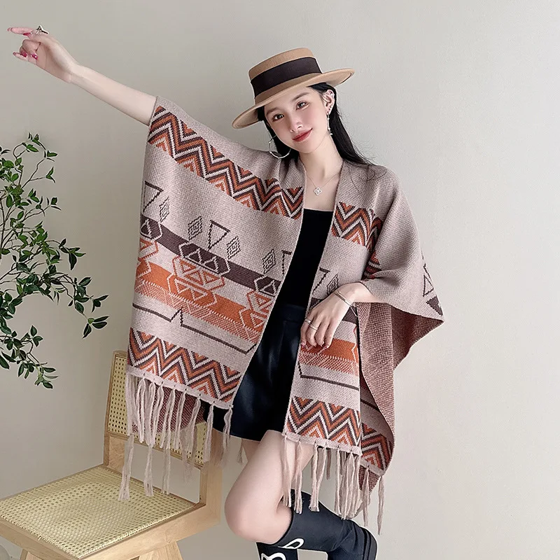 

X2068 New Autumn Winter Women Cape Poncho Shawl Tassels Jacquard Loose Knitted Cardigan Coat