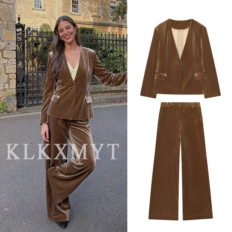 

Women’s velvet Suit 2025 New Fashion Solid Color Suit Long Sleeves Button Top+Leisure Pants Two Piece Set Women Elegant Suit