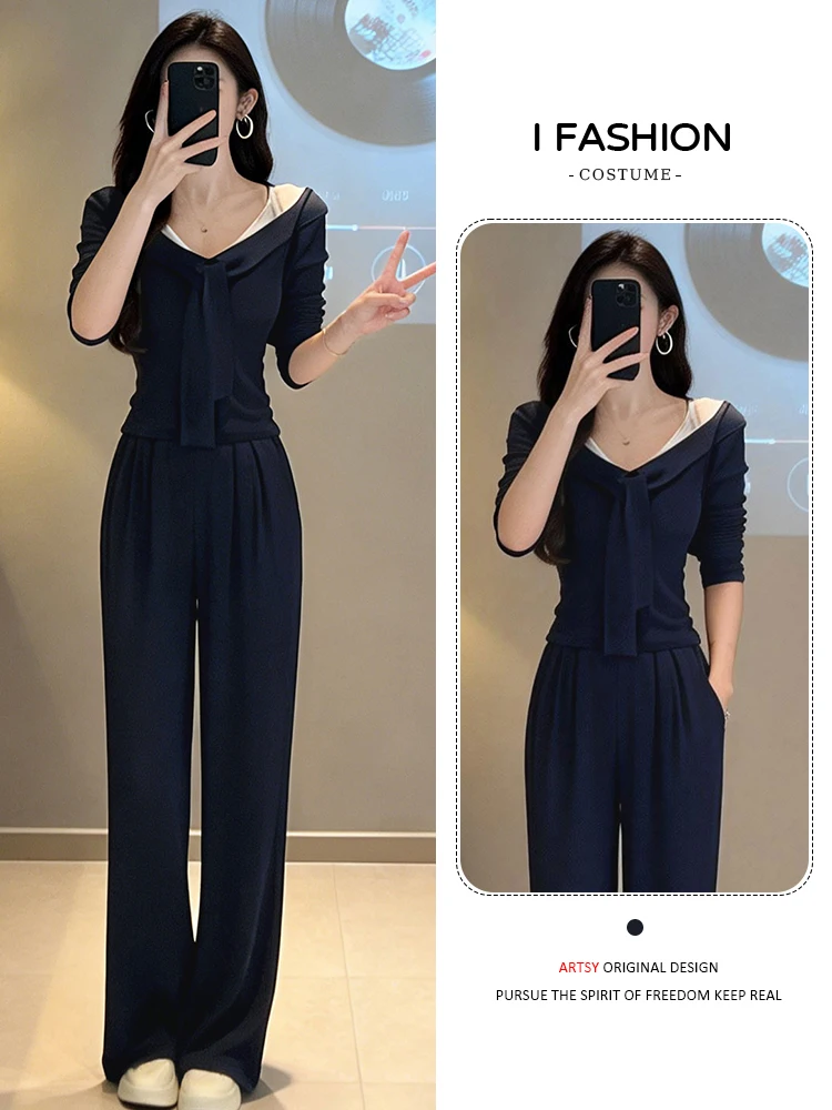 

Комплект женской одежды Relaxed Fit Agel: модный костюм из хлопка с широкими брюками и футболкой, весна 2026, высокая талия, простой и удобный крой