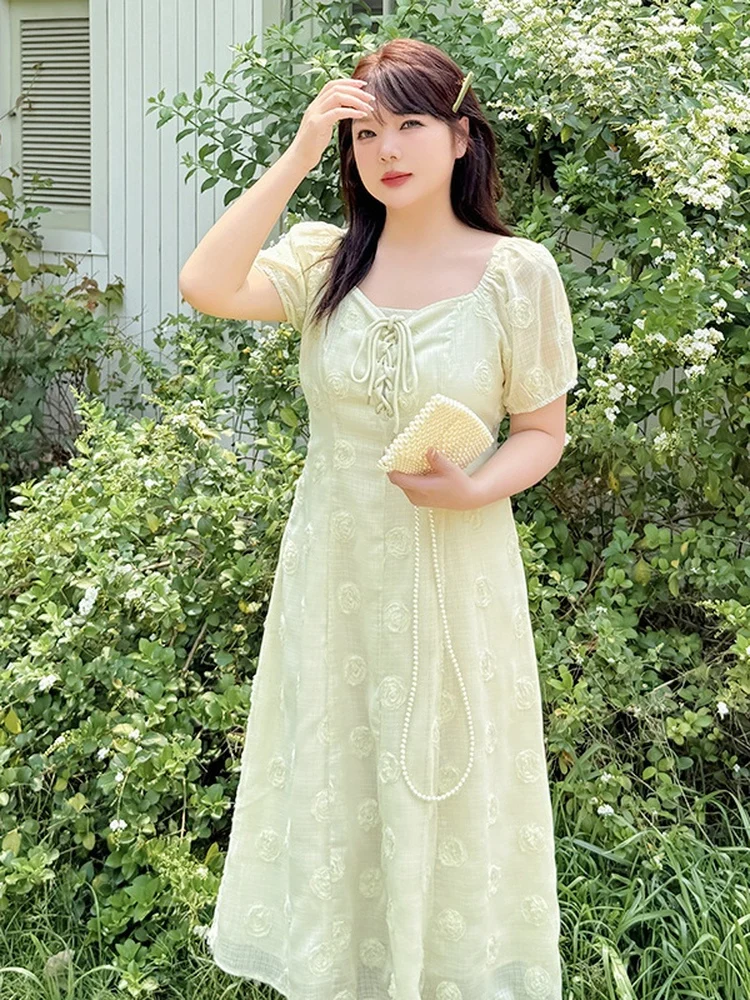 

Женская юбка-миди Ele больших размеров с квадратным воротником Bubble Sve, трапециевидной формы с высокой талией, летняя новая повседневная корейская версия