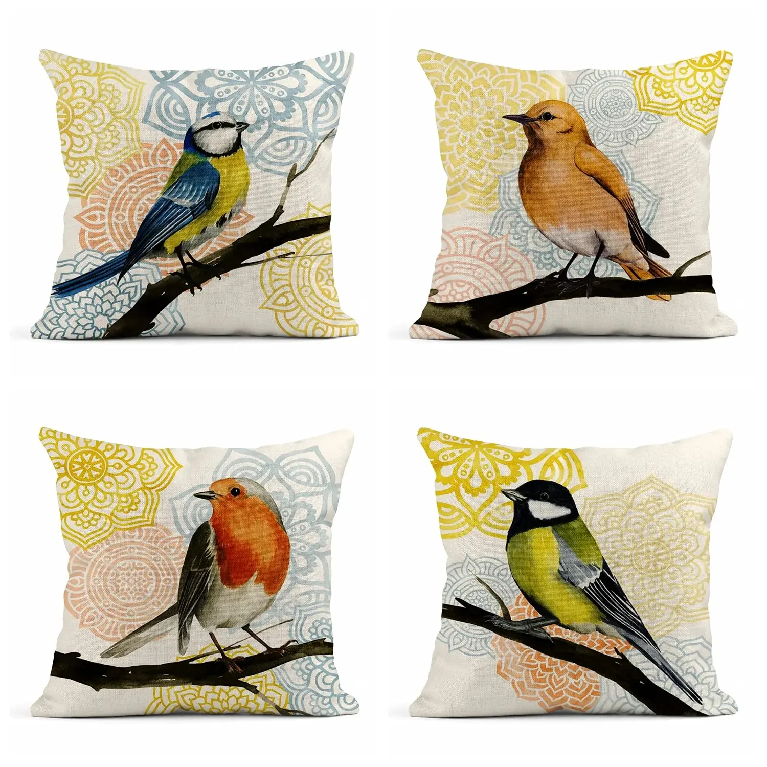 Bird pattern linen pillowcase on the branch, living room sofa cushion cover, home decoration, stylish home pillowcase 40x40