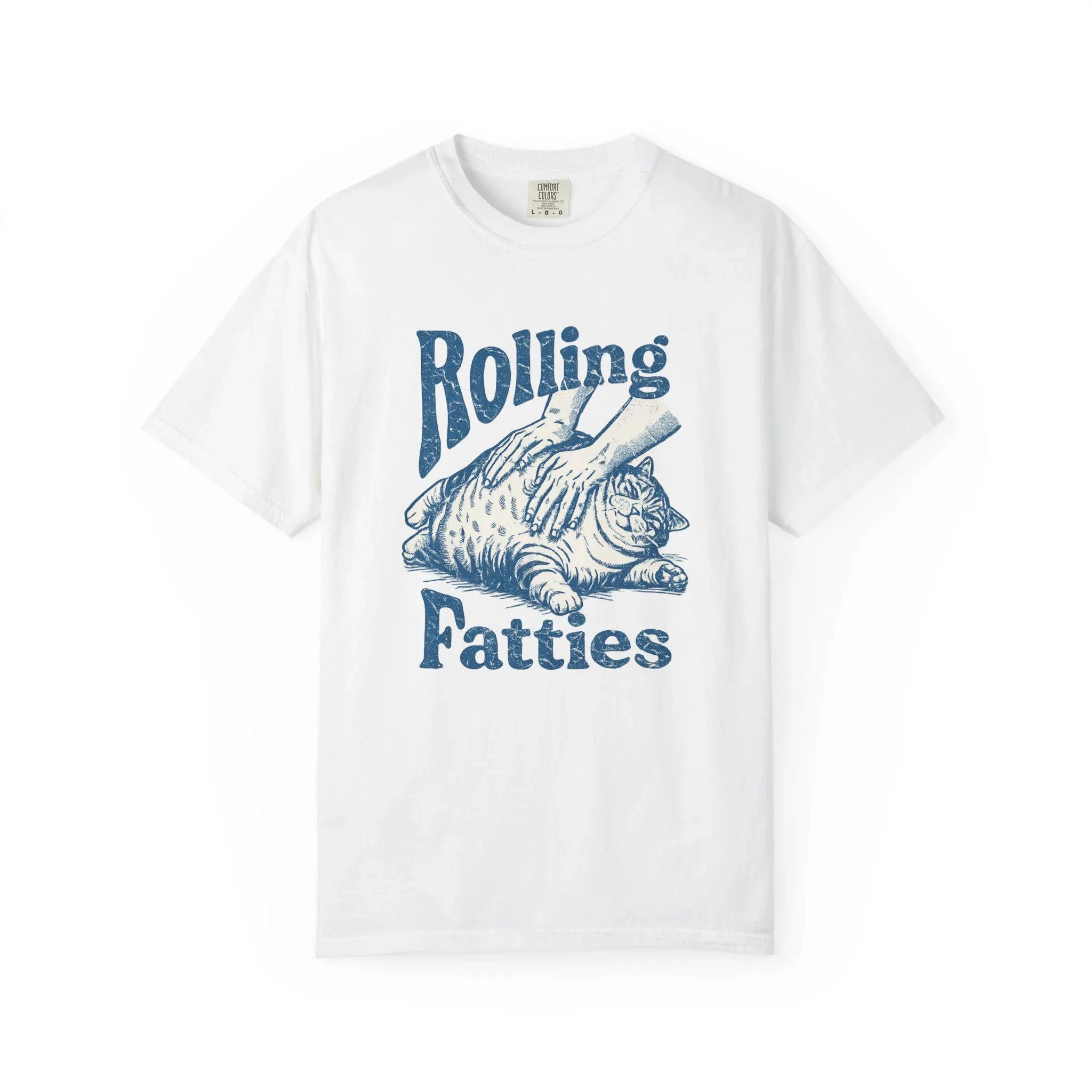 Rolling Fatties Cat Illustration T-Shirt | Vintage Blue Print Y2K Retro Style Fashion Trend  Casual and Comfortable High-Quality